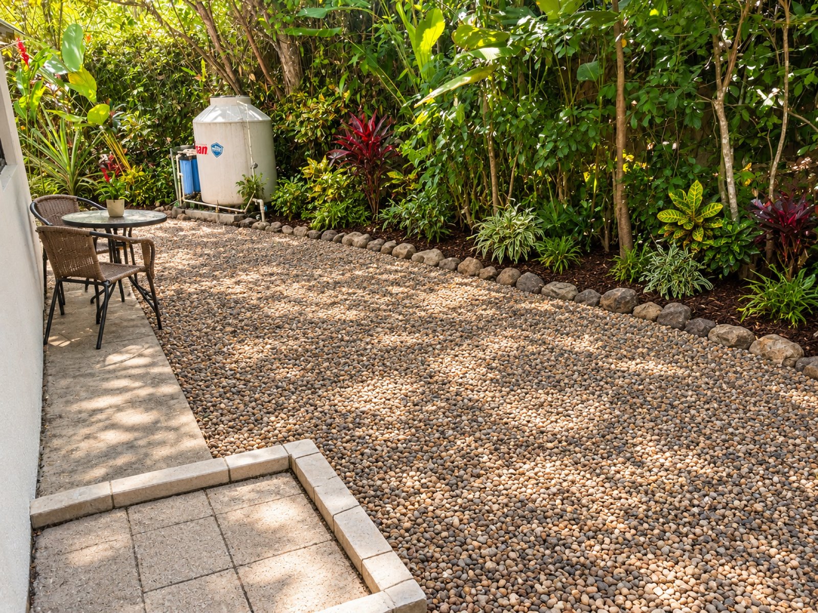 Tropical garden with outdoor dining table
