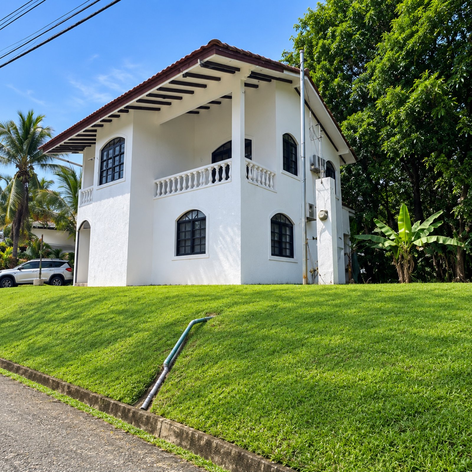 Rear exterior view of the two-story home