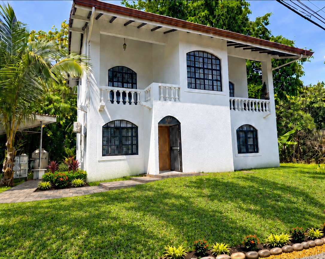 Front exterior of the remodeled home surrounded by tropical landscaping