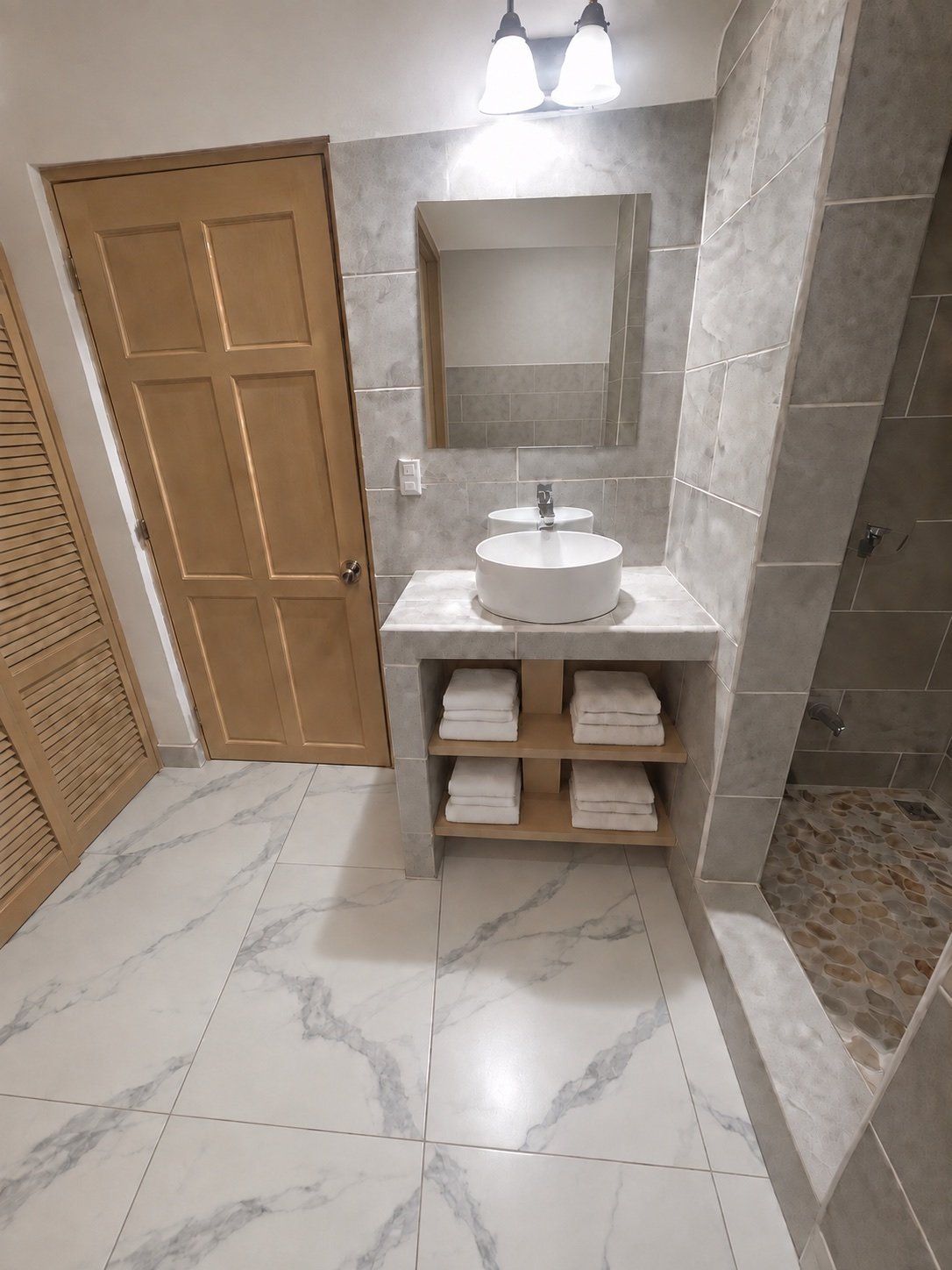 Remodeled master bathroom with vessel sink, open shelving, marble-look tile, and walk-in shower